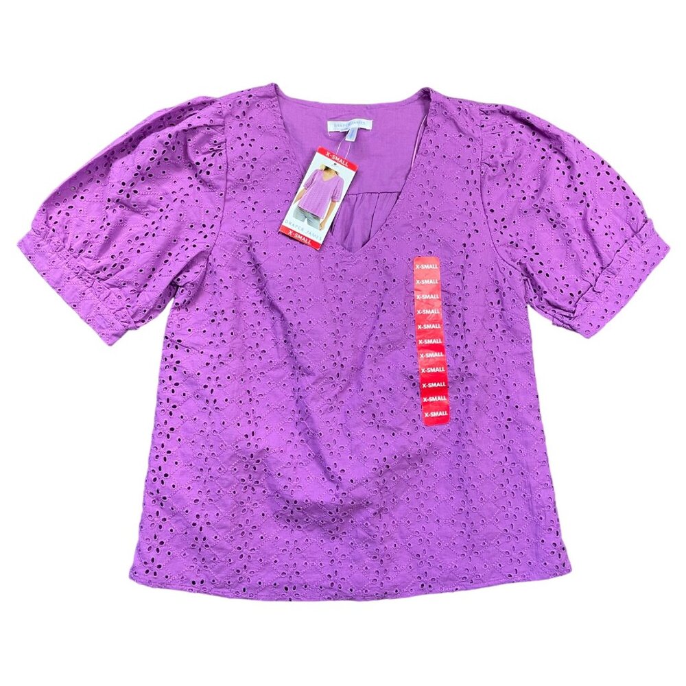 Draper‎ James V-Neck Puff Sleeve Top Women's XS Purple Eyelet 100% Cotton NEW